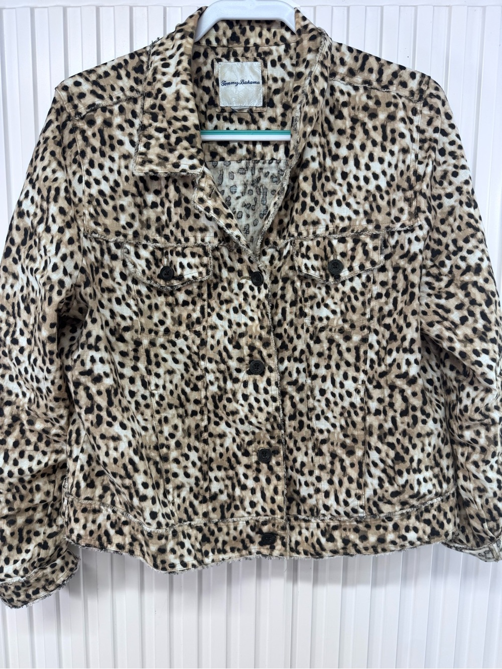 Tommy Bahama Leopard Print Linen Trucker Jacket Medium